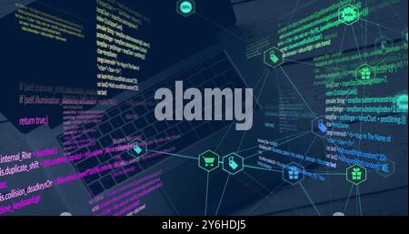 Image of data processing over network of retail business icons on black background Stock Photo