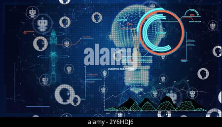 Image of circular scanner over light bulb, processing data, chatbot and people icons Stock Photo