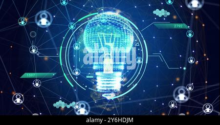 Image of scanner, processing data, light bulb and communication networks on dark background Stock Photo