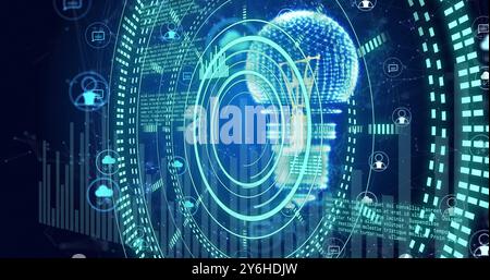 Image of circular scanner and data processing, light bulb and networks on dark background Stock Photo