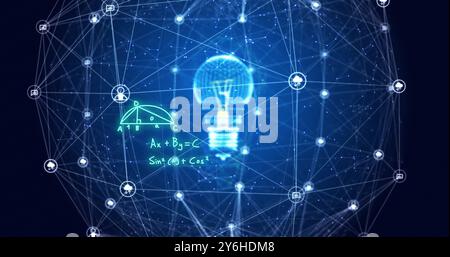 Image of mathematical equations over light bulb and networks on dark background Stock Photo