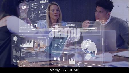Image of data processing over diverse business people in office Stock Photo
