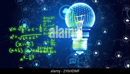 Image of mathematical equations over light bulb, data icons and networks on dark background Stock Photo