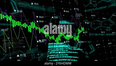 Image of green chart and data processing over networks on black background Stock Photo