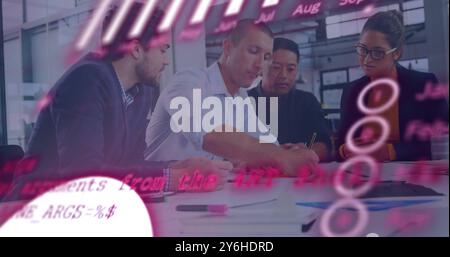 Image of financial data processing over diverse business people in office Stock Photo