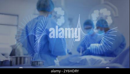Image of dna strand spinning over diverse suergeons Stock Photo