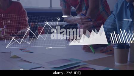 Image of financial data processing over diverse business people in office Stock Photo