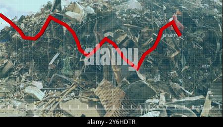 Red line graph image over pile of scrap metal and debris Stock Photo