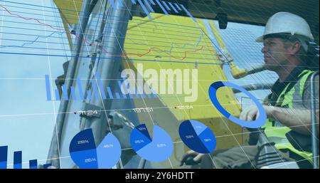 Financial data charts and graphs image over construction worker operating machinery Stock Photo