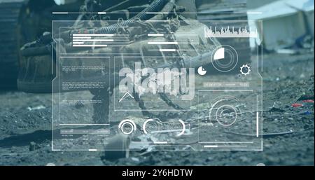 Data analysis and statistics image over industrial machinery in scrapyard Stock Photo