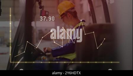Image of financial data processing over asian worker using lift truck in warehouse Stock Photo