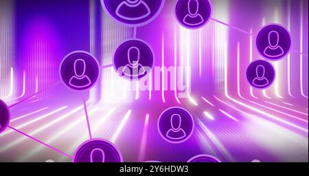 Network of user icons connected by lines, digital communication image over neon background Stock Photo