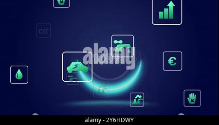 Sustainability icons and progress bar image over dark blue background Stock Photo