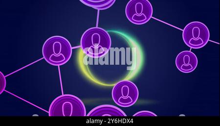 Network of connected user icons image over dark background with glowing circle Stock Photo