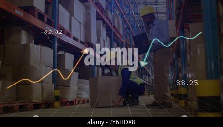 Image of financial data processing over diverse workers in warehouse Stock Photo