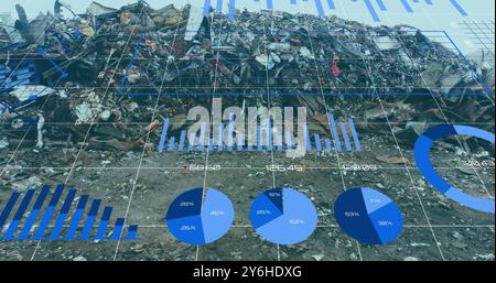 Data visualization image over landfill, showing various charts and graphs Stock Photo