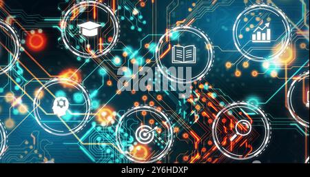 Technology icons and data processing image over digital network background Stock Photo