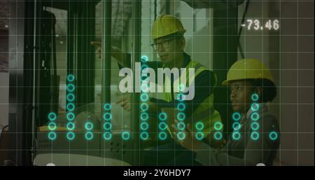 Image of financial data processing over diverse workers in warehouse Stock Photo