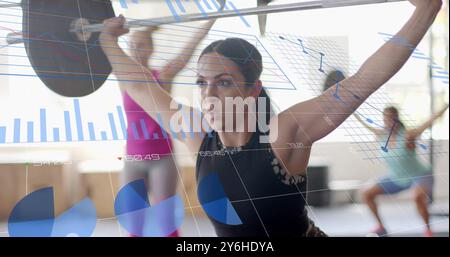 Weightlifting women with data charts and graphs image over their movements Stock Photo