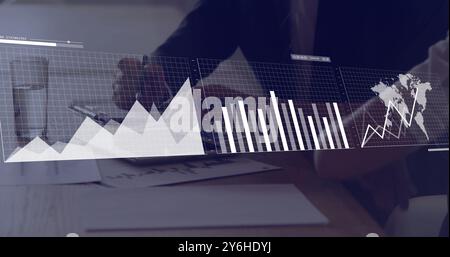 Image of financial data processing over diverse business people in office Stock Photo