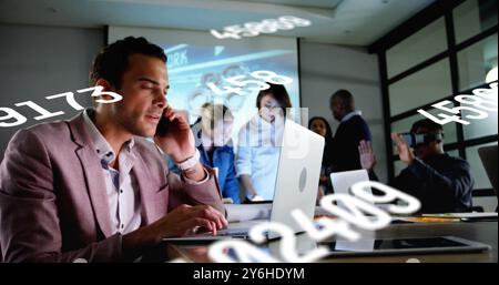 Image of data processing over diverse collleagues working in office Stock Photo
