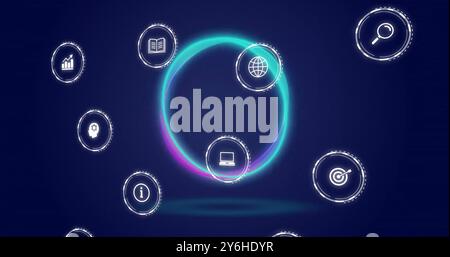 Icons representing various concepts like education and technology, floating in circular image Stock Photo