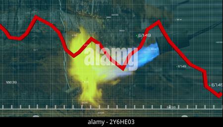Red line graph image over heatmap data visualization on grid background Stock Photo