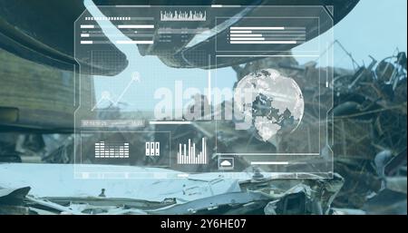 Data analysis image over wrecked vehicles in junkyard Stock Photo