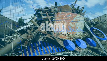 Financial data charts image over industrial scrap metal yard Stock Photo