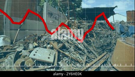 Red declining graph image over industrial scrap yard with rusted metal objects Stock Photo
