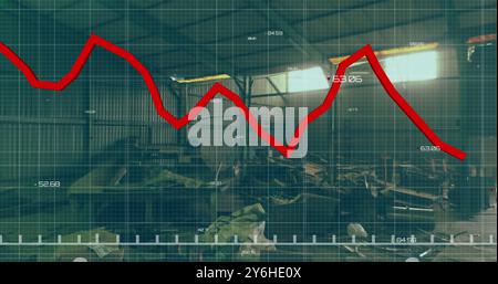 Red line graph image over industrial warehouse with various items scattered around Stock Photo