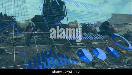 Graphs and charts image over industrial machinery in scrapyard Stock Photo