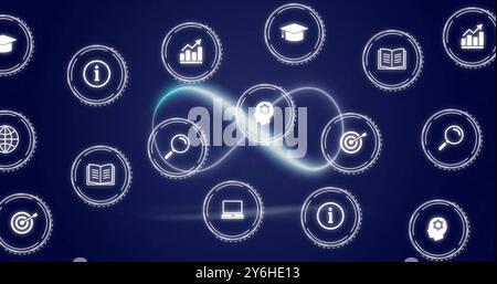 Icons representing education and research concepts connected by flowing lines image Stock Photo