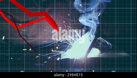 Welding sparks and smoke image over grid background Stock Photo