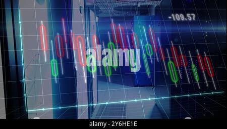 Image of financial data processing over server room Stock Photo