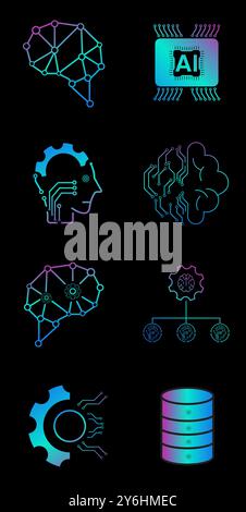 Eight AI-artificial intelligence icon set.8 Data science technology symbols concept Stock Vector