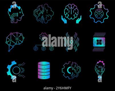 Set of 12 gradient color vector line icons related to the field of computational linguistics, robot and AI technology, language engineering icons Stock Vector