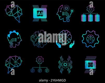 12 artificial intelligence icons, 12 AI icon sets vector, illustration Stock Vector