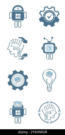 Set of 8 Artificial intelligence line icons, 8 AI for technology symbols concepts, and 8 cybernetic icons, ai, technology vector, illustration concept Stock Vector