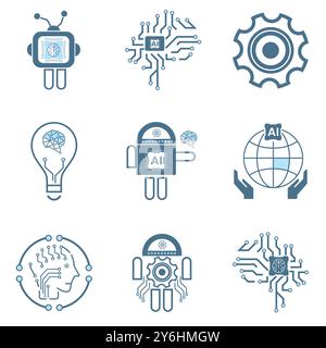 Groups of Nine Artificial intelligence line icons, 9 technology symbols concepts, and 9 cybernetic icons, ai, technology vector, illustration design Stock Vector