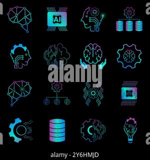 Group of technology icons vector, AI vector concept, 16 icons of AI generation illustration symbol, AI icons set for Artificial intelligence on dark b Stock Vector