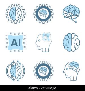Set of 9 AI icons, symbols. Set of Nine Artificial intelligence lined symbol blue, cybernetic, ai, head, technology vector, illustration design Stock Vector