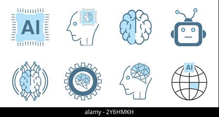 Collection of 8 AI, robots technology flat icons style on white background. Line icons, symbols. Set of 8 Artificial intelligence lined AI icons Stock Vector