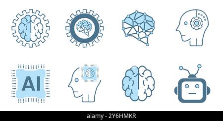 Eight AI icons, symbols. Set of 8 Artificial intelligence lined style, cybernetic, ai, head, technology vector Stock Vector