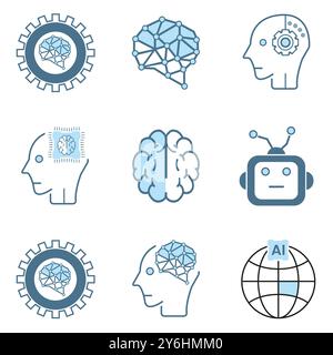 Group of nine AI icons, symbols. Set of Artificial intelligence lined style, cybernetic, ai, head, technology vector Stock Vector