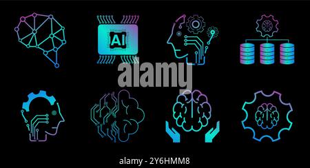 8 artificial intelligence icons, 8 AI icon sets vector, illustration Stock Vector