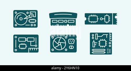 Computer internal hardware and equipment flat color illustration icon set Stock Vector