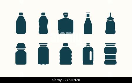 Empty bottle and jar with various style flat color illustration icon set Stock Vector