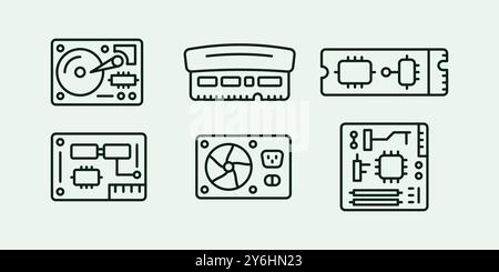 Computer hardware internal parts line illustration icon set design Stock Vector