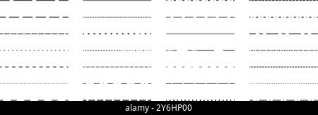 Black straight dashed line set. Dotted dividers and separators design element collection. Broken stroke pack for underline, emphasis, highlight. Repeated dash thin lines bundle. Vector Stock Vector